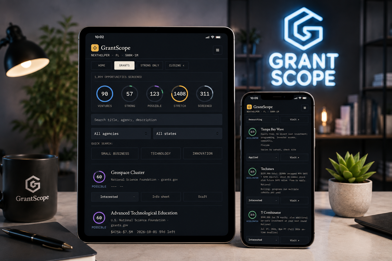 GrantScope dashboard shown on a tablet and phone