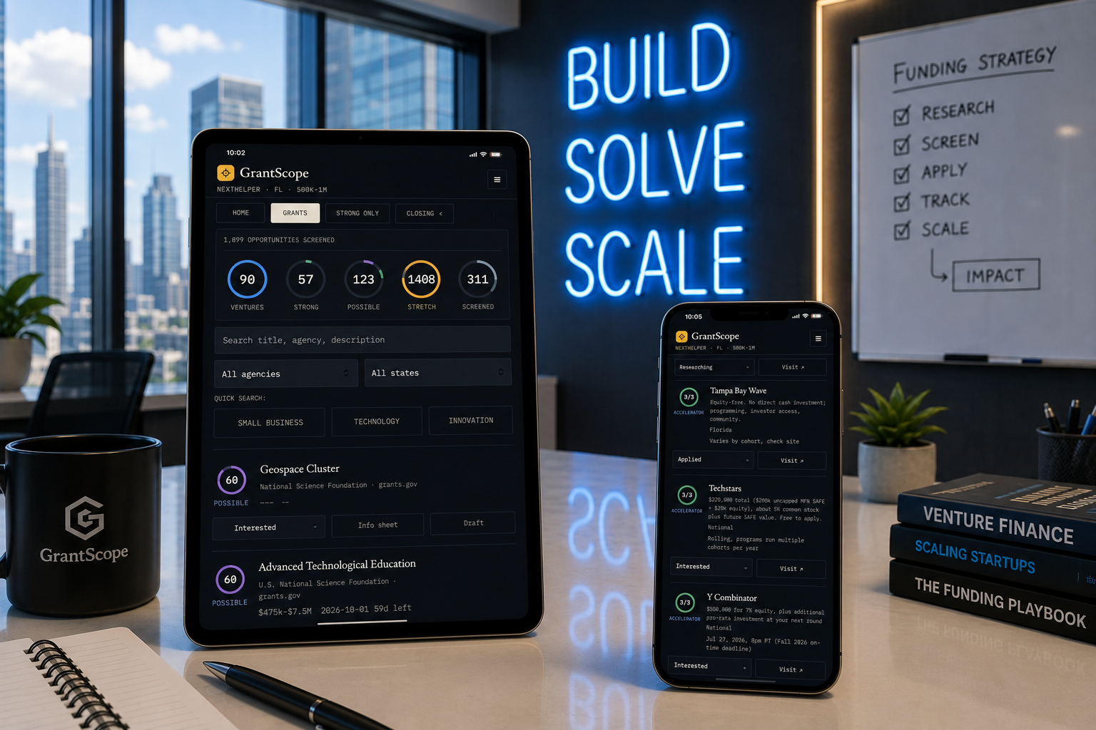 GrantScope dashboard shown on a phone and tablet